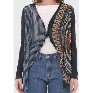 NEW! Desigual Tiana Wearable Art Open Front Drape Navy Cardi US Size XXS‎ $116